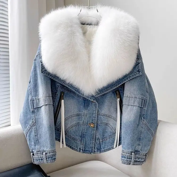 Denim coat com gola destacável para mulheres, parkas de inverno, pele de raposa, jaqueta curta, moda, manga longa, roupas jeans, r066