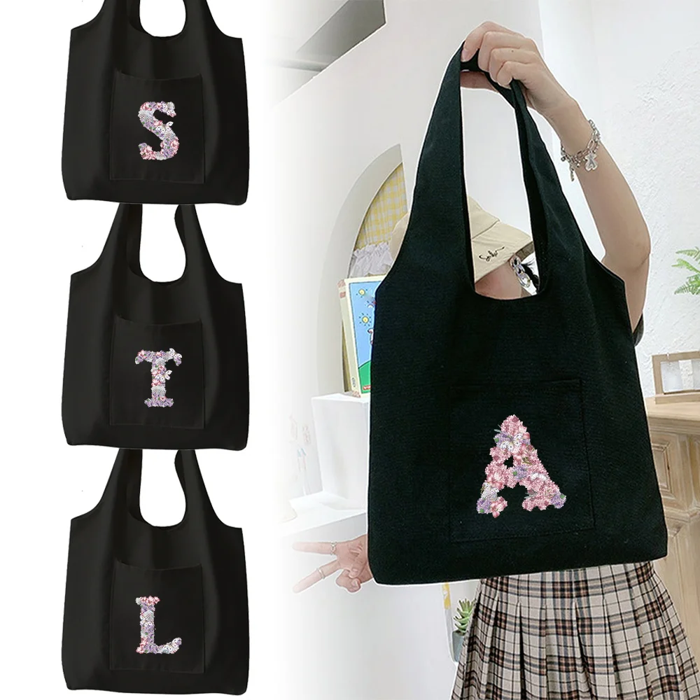 

Ladies' Canvas Shoulder Bag with Rose Letter Pattern Printed Women's Handbag Large Capacity Reusable Shopping Bag