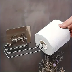 1pc Tissue Dispenser Multifunction Toilet Kitchen Roll Paper Holder,Stainless Steel Repeatedly Washable Stick Hooks Rack