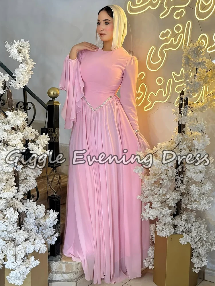 Giggle 2026 saoudien modeste rose robes de soirée musulmanes à manches longues en mousseline de soie perlée a-ligne robe de soirée d'invité de mariage personnalisé