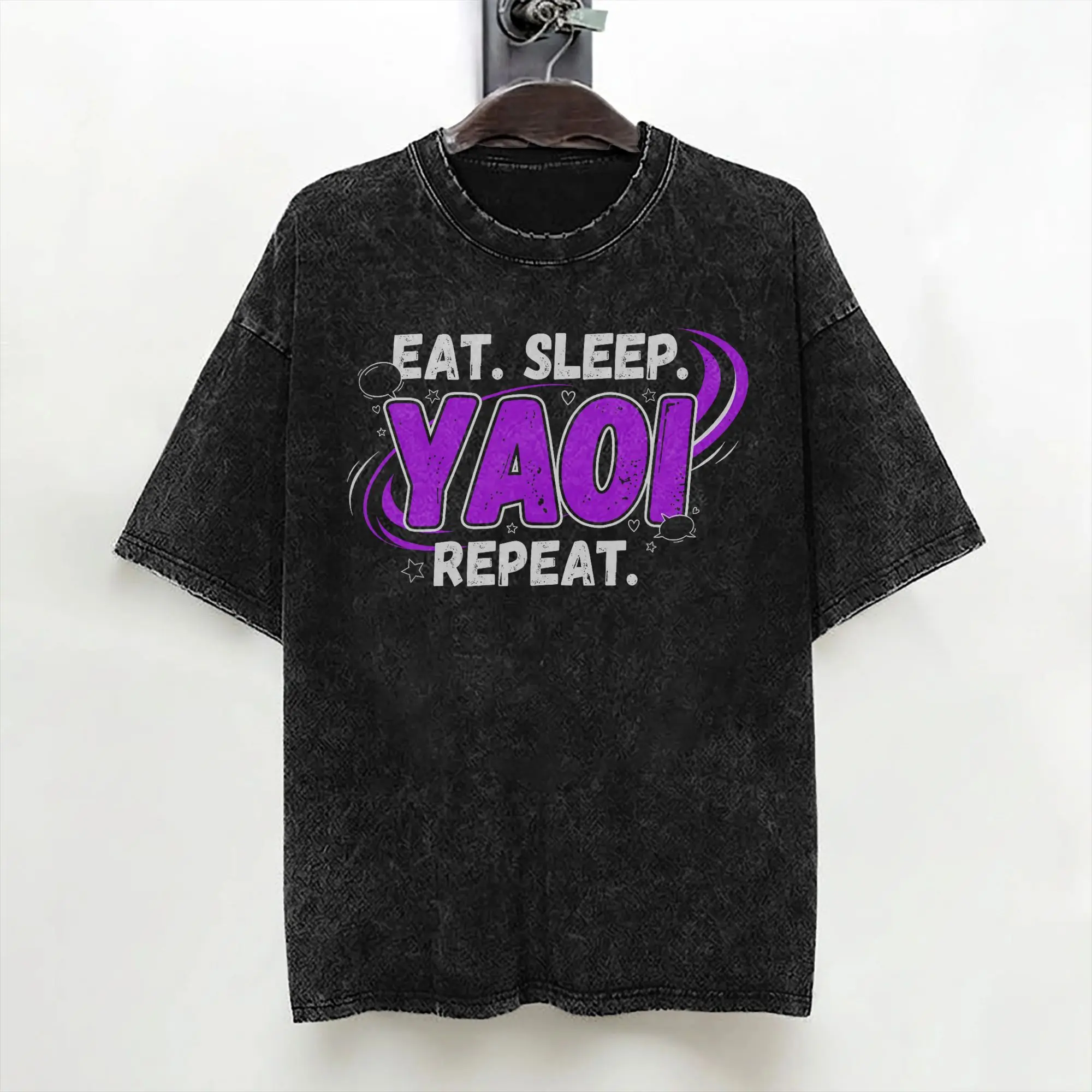 Eat Sleep Yaoi Repeat T Shirt Washed Cotton Oversize T-Shirt  Vintage Men Women Streetwear Printed Tees