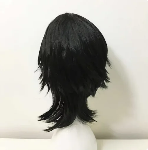 Emo Wig Unisex Black Mullet Style Wig Layered Bangs Wig Medium Length Straight Cosplay Anime Wig