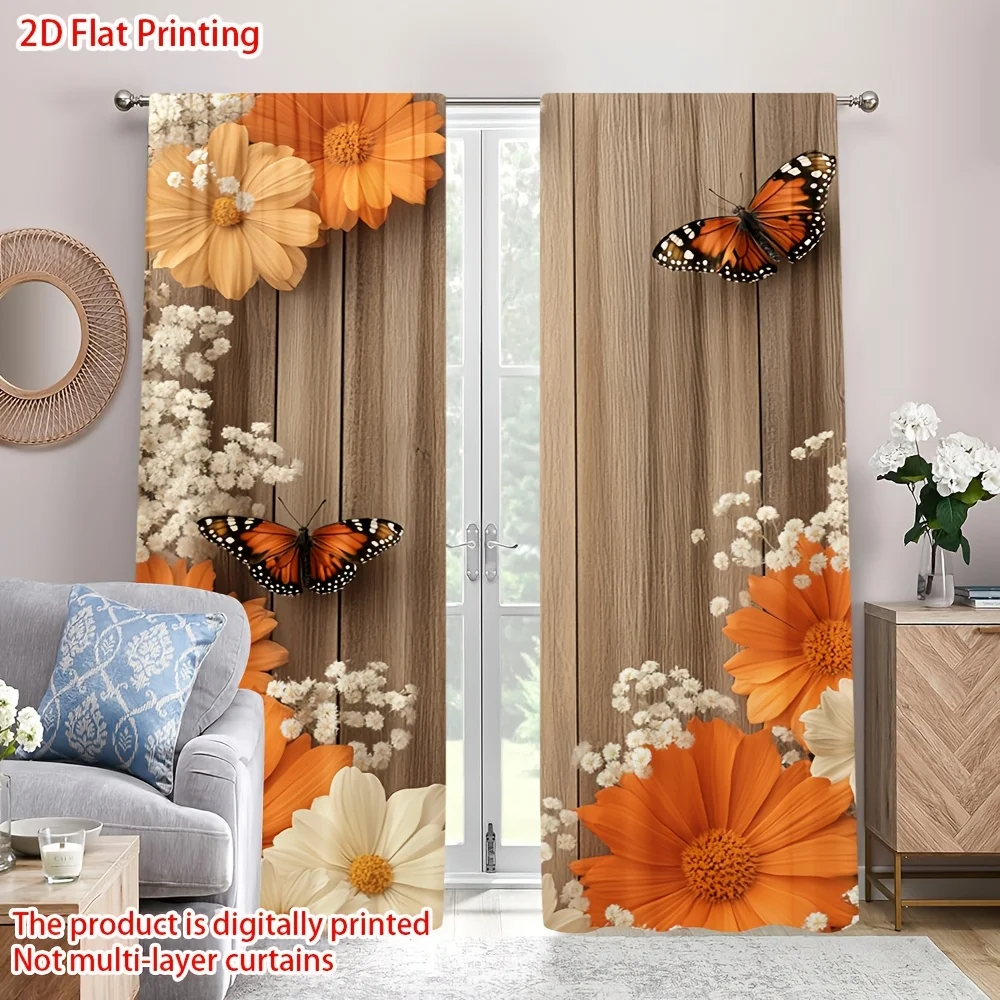 2pcs Orange Daisy Butterfly Wood Curtains Peach Skin Polyester Rustic Living Room Bedroom Home Decor