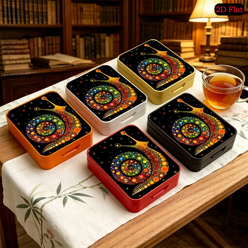 Dot Art Snail Theme Pocket Portable UV Printed Tin Box, Flip Top Custom Photo Tinplate Box, Anti-rust Mini Metal Tin Box