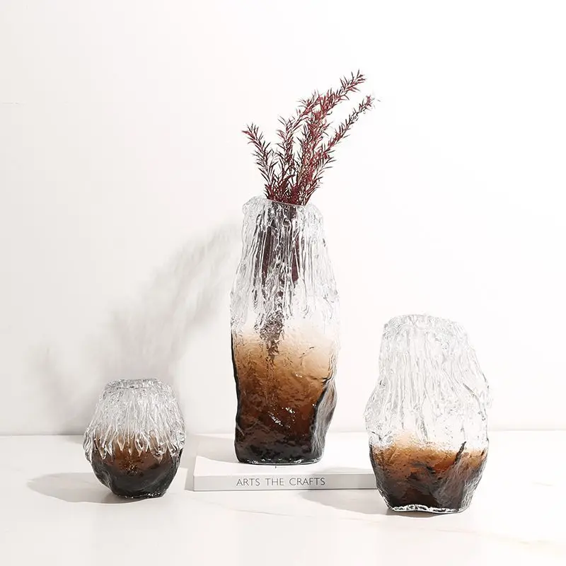 Italian light luxury high-end color-blocking ice pattern glass vase villa living room table flower arrangement creative soft dec