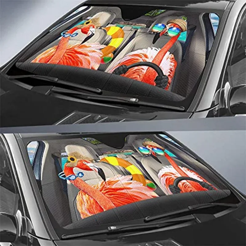 Flamingos Driver Sun Shade Flamingo Vehicle Shield Car Sun Reflector,Sea Vacation Anti-Sunlight Autofunny Animal Automotiv