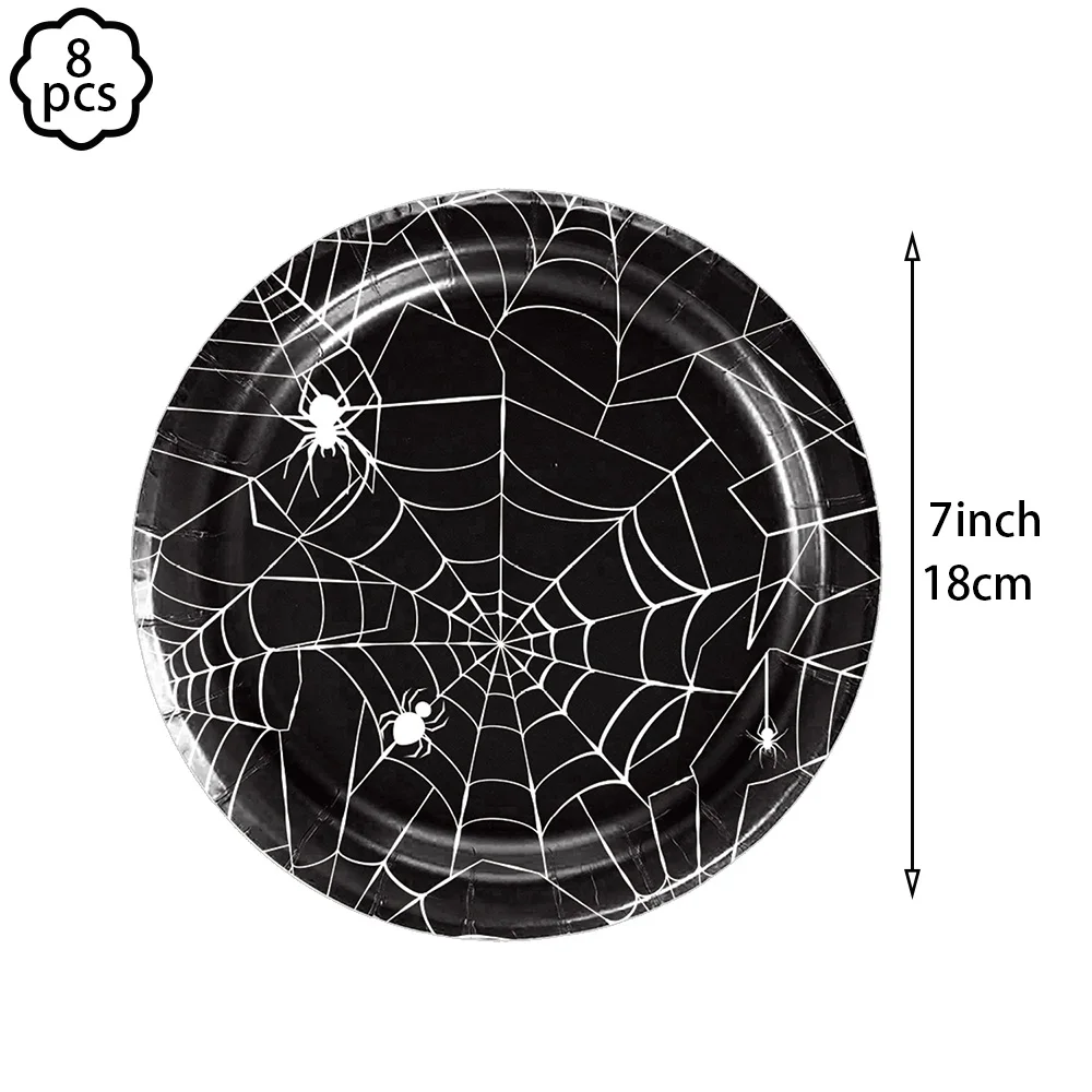 Halloween-Spinnennetz Einweggeschirr-Set, schwarze Teller mit Spinnennetz-Print, Servietten, Becher, Tischdecke, Halloween-Party-Dekoration – Detail 5