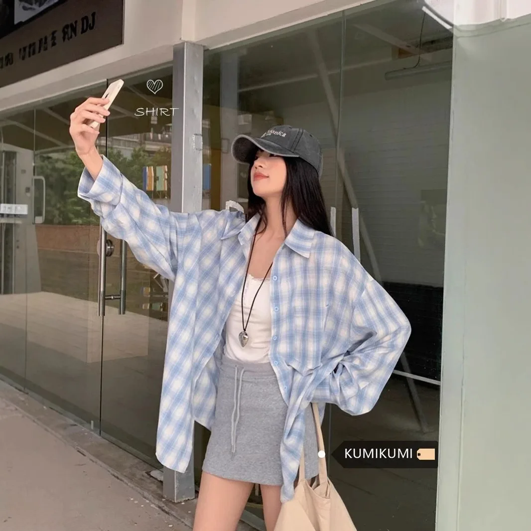 

Polo Neck Plaid Long Sleeve Shirt Women's Summer Thin Casual Loose Shirt