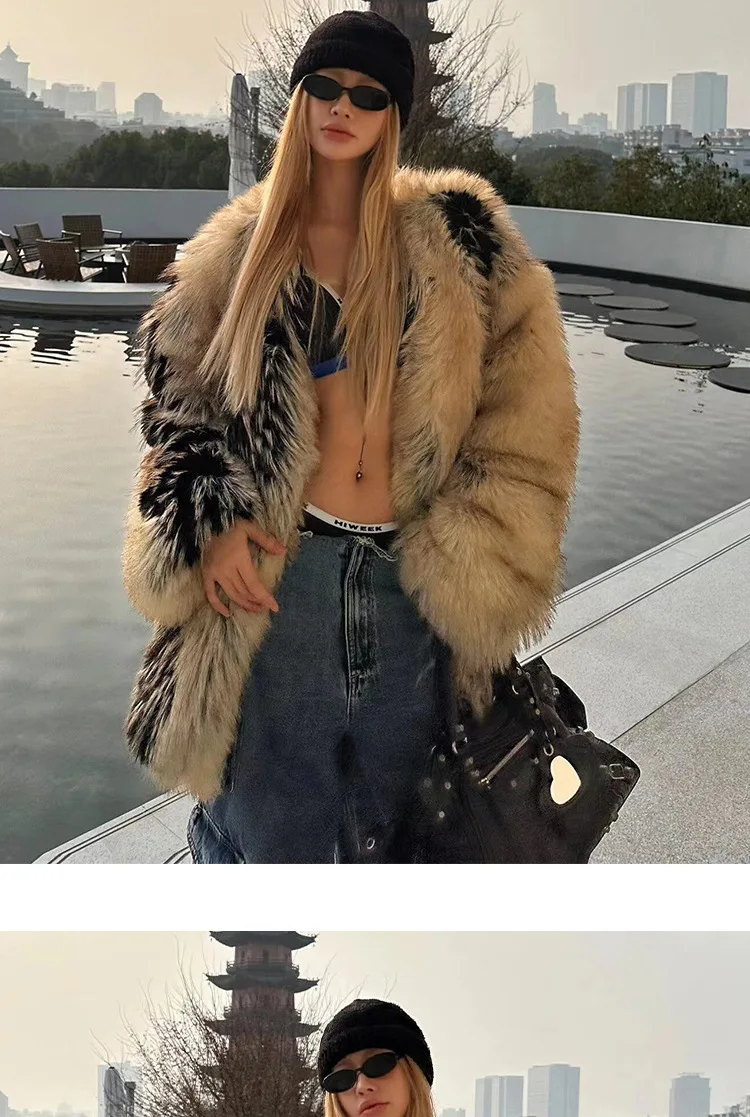 Print namaakbont jassen dames losse O-hals lange mouwen pluizige warme parka vrouwelijke winter chique mode straat outwears bontjas