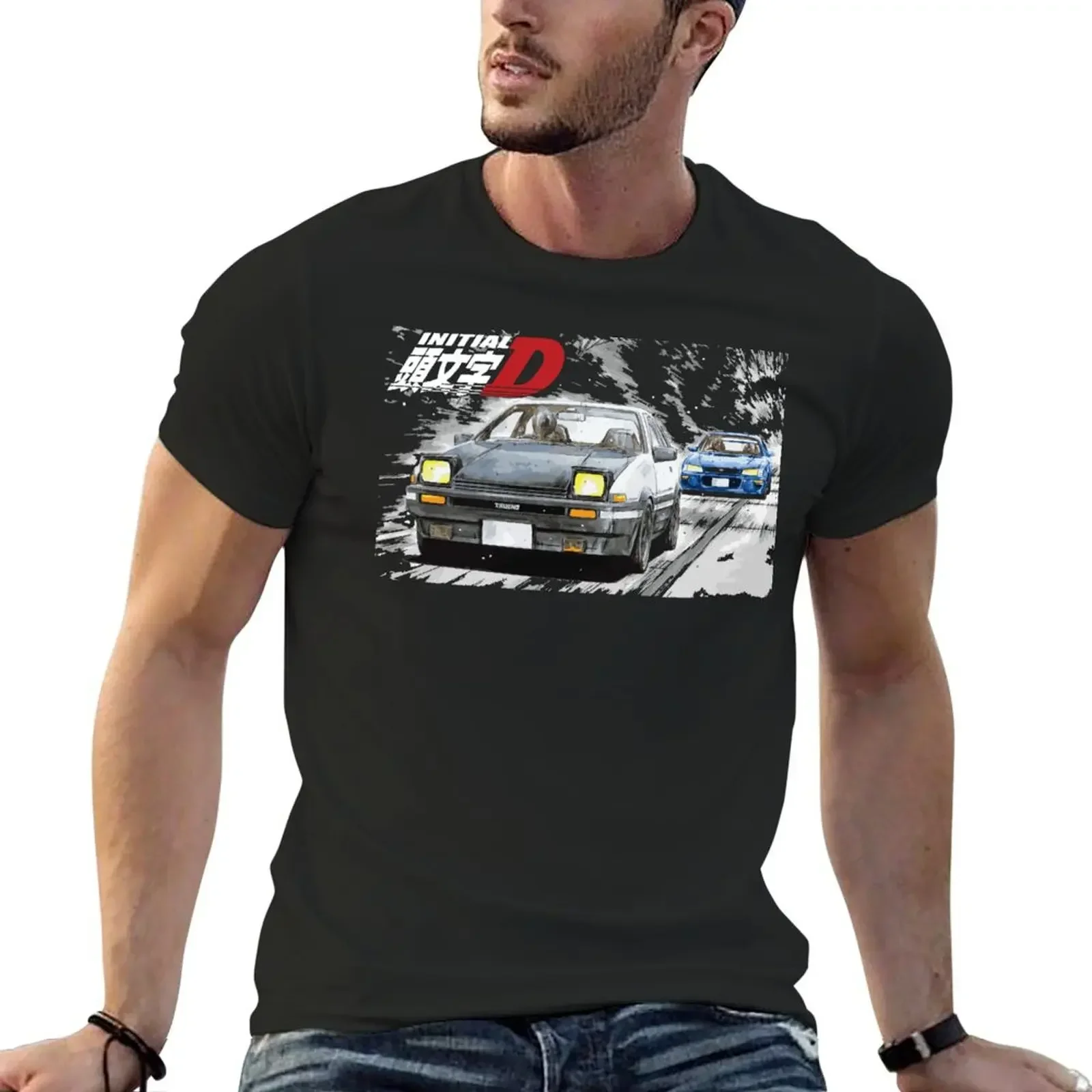 Initial D - Mountain Drift Racing Tandem Takumi Fujiwara AE86 vs Bunta Fujiwara GC8 STi Chase T-Shirt baggy shirts t shirt men