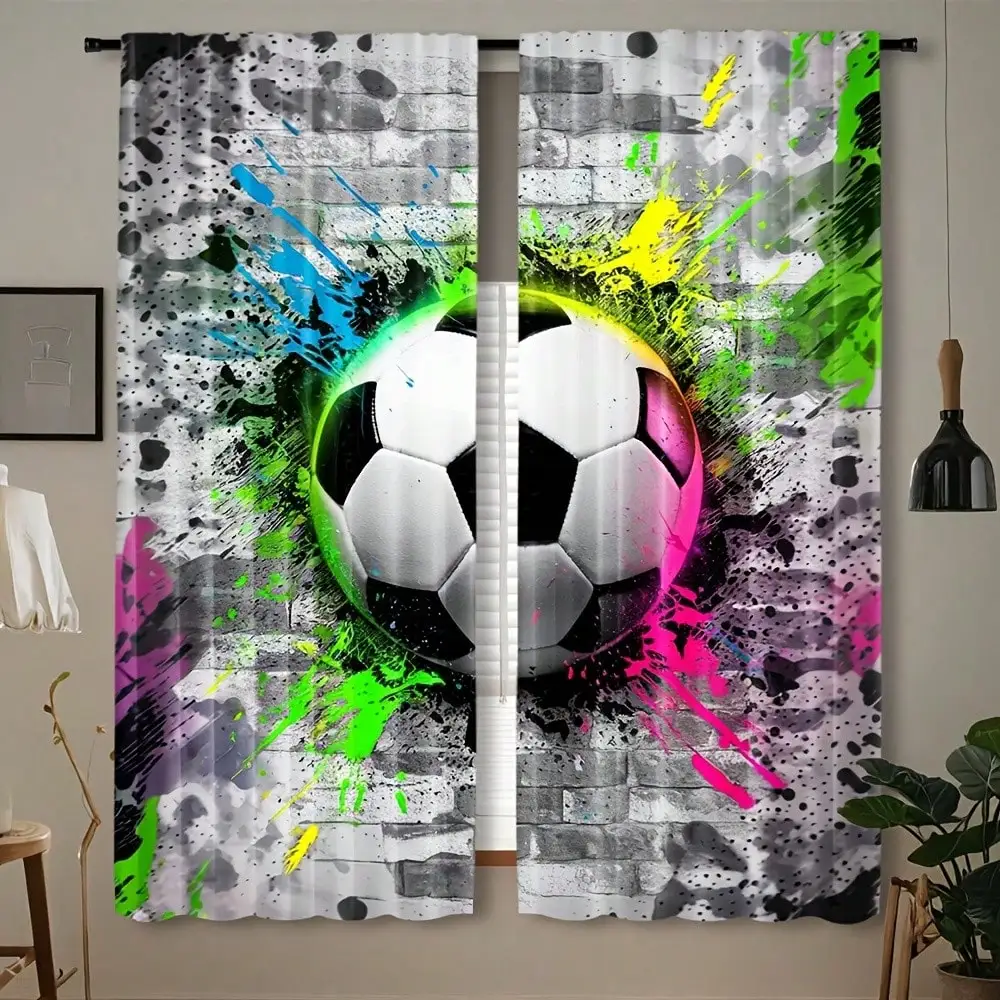 Colorful Soccer Ball Curtains, Graffiti Sport Print Drapes, Football Theme Window Treatment for Boys Room, Blackout Fabric Home