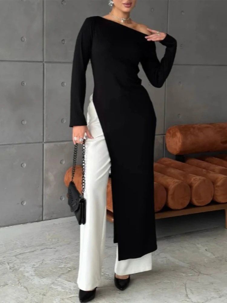 

Tossy Fashion Inclined Shoulder Long Dress Women Slim Long Sleeves Irregular Split Solid Streetwear High-Waist Female Maxi Dress