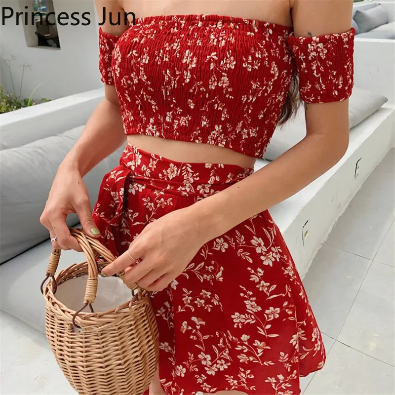 Summer Floral 2 Piece Sets Outfits Sexy Slash Neck Off Shoulder Shirt Crop Top&High Waist Mini Skirt Small Girl 2pc Dress Suits