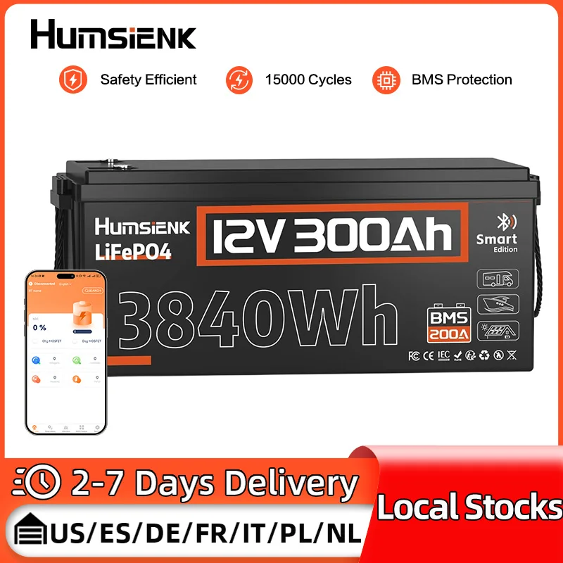 Humsienk 12V 300Ah Lithium Iron Phosphate Bluetooth Battery Built-in 200A BMS Great A+ Cells For Camping, Boating, Fishing, etc