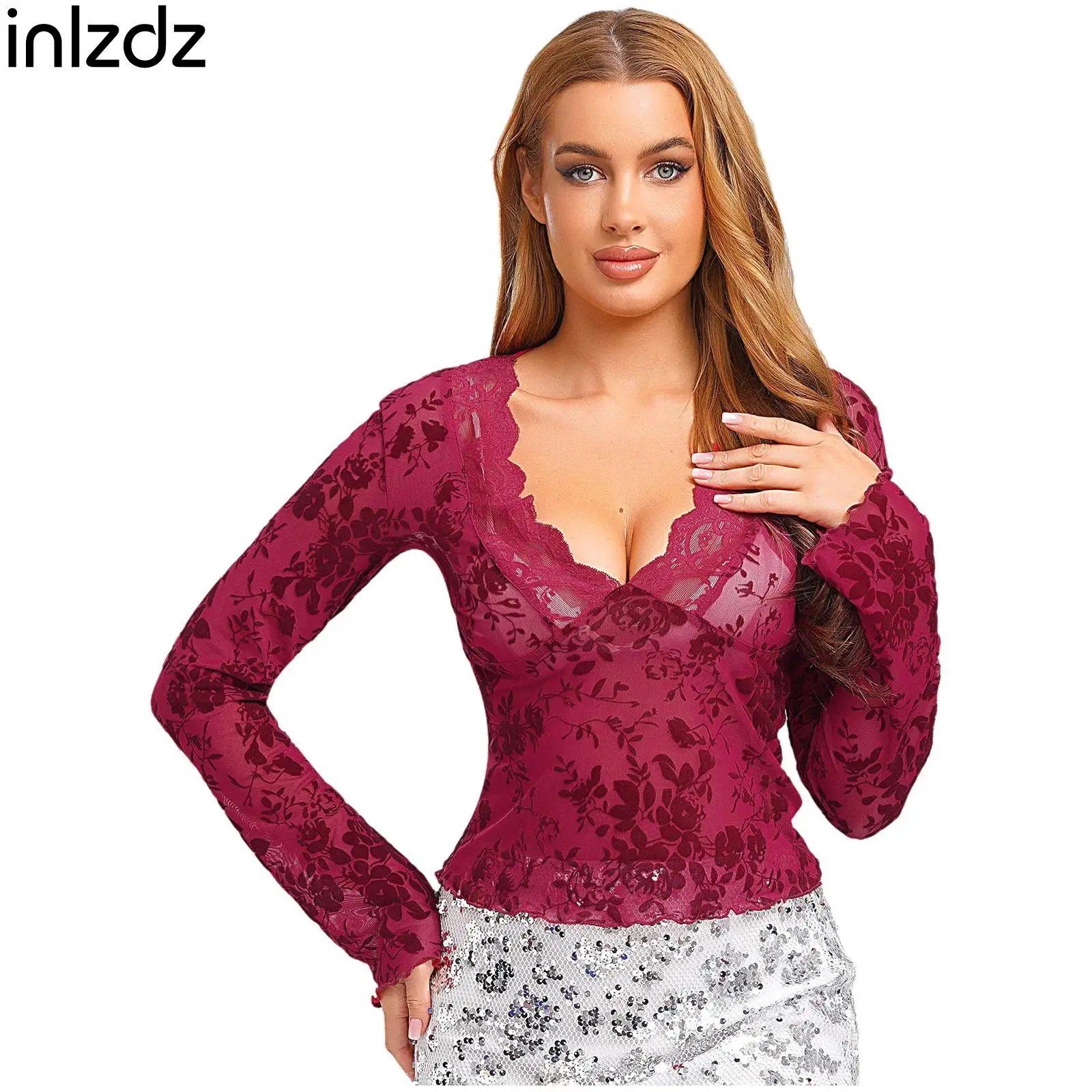 

Beach Style Womens Sheer Mesh Floral Crop T-shirt Tops Long Flared Sleeve Lace Trim Blouses Velvet Flocked Slim-fit Tops Costume