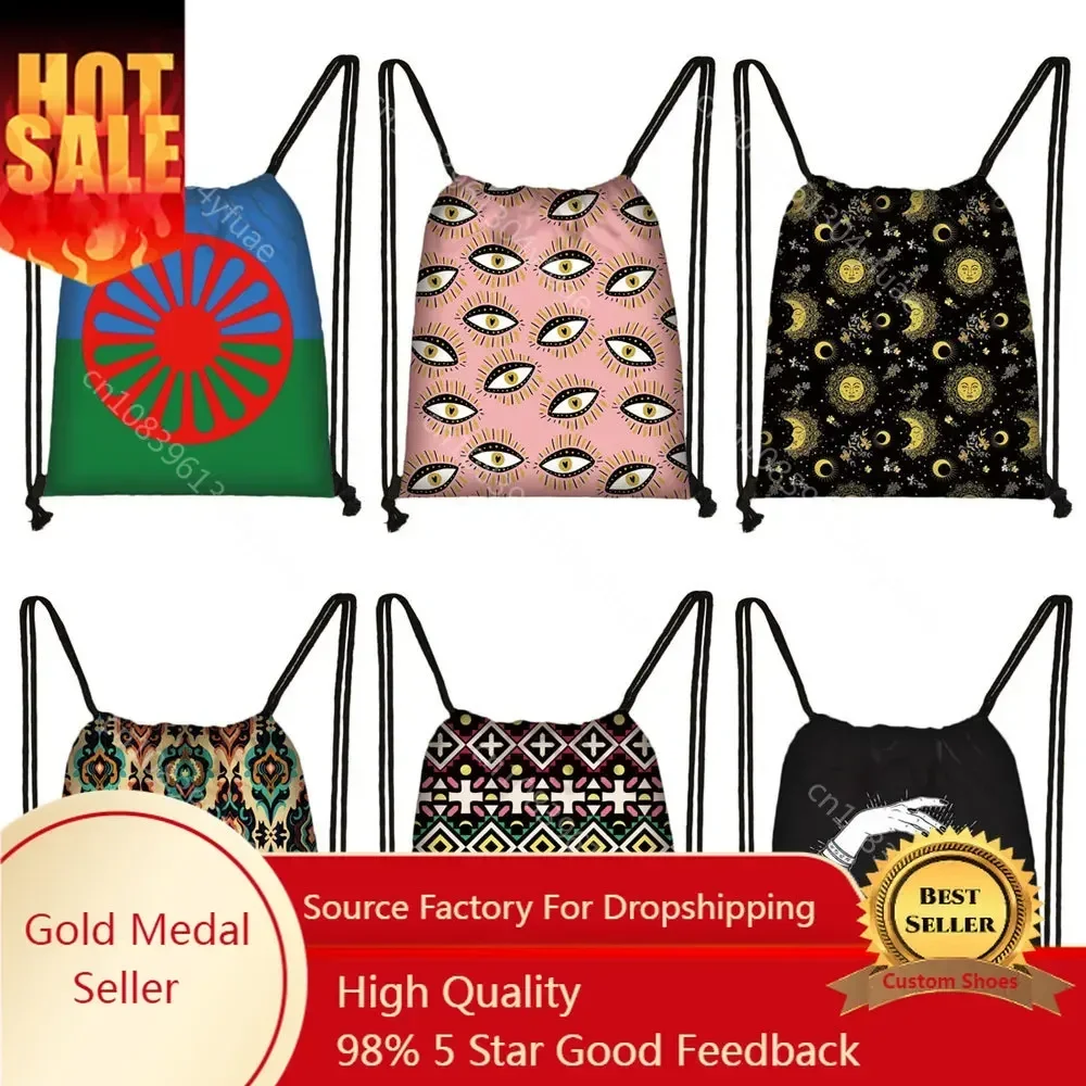Mochila con estampado de motivos romanos y gitanos, para mujer, de lona, con cordón, bolsa de gran capacidad para guardar objetos, ideal para viajes, con compartimento para zapatos, estilo hippie, mochila para libros.