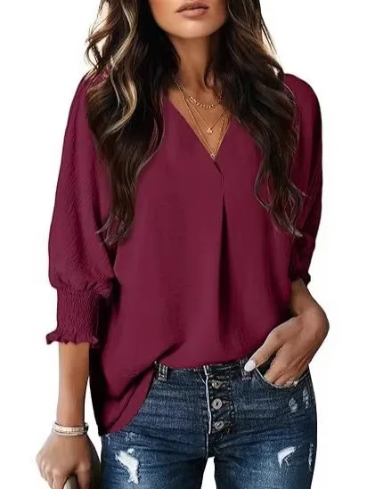 

Summer Women's Clothing V Neck Lantern Sleeve Blouse Casual Wear Solid Color Women's Shirt Polyester Soft Satin Regular Fit