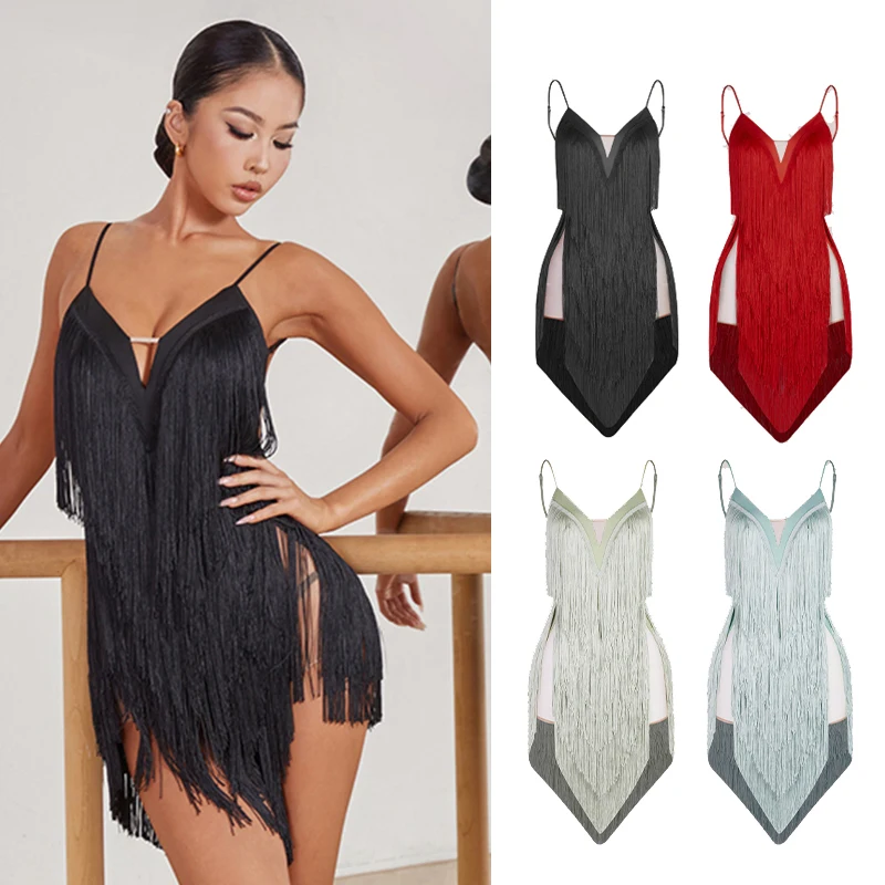 

New Latin Dance Dress Women Sexy Dense Tassel Cha Cha Dance Costume Latin Competition Dress Samba Practice Fringe Dress DNV20305
