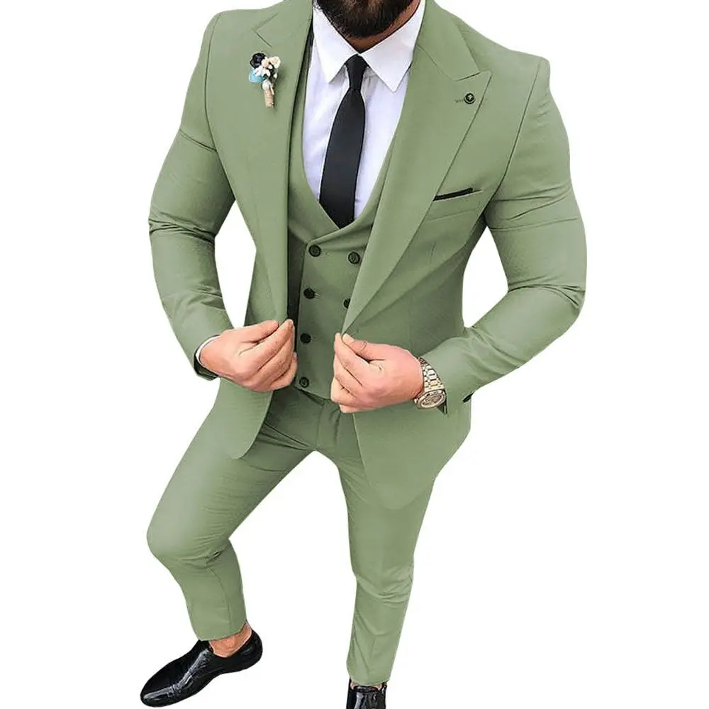 DV028 Green Costume Homme Plus Size Popular Clothing Party Stage Men\'s Suit Groomsmen Tuxedo 3 Peices Sets Jacket+Vest+Pants