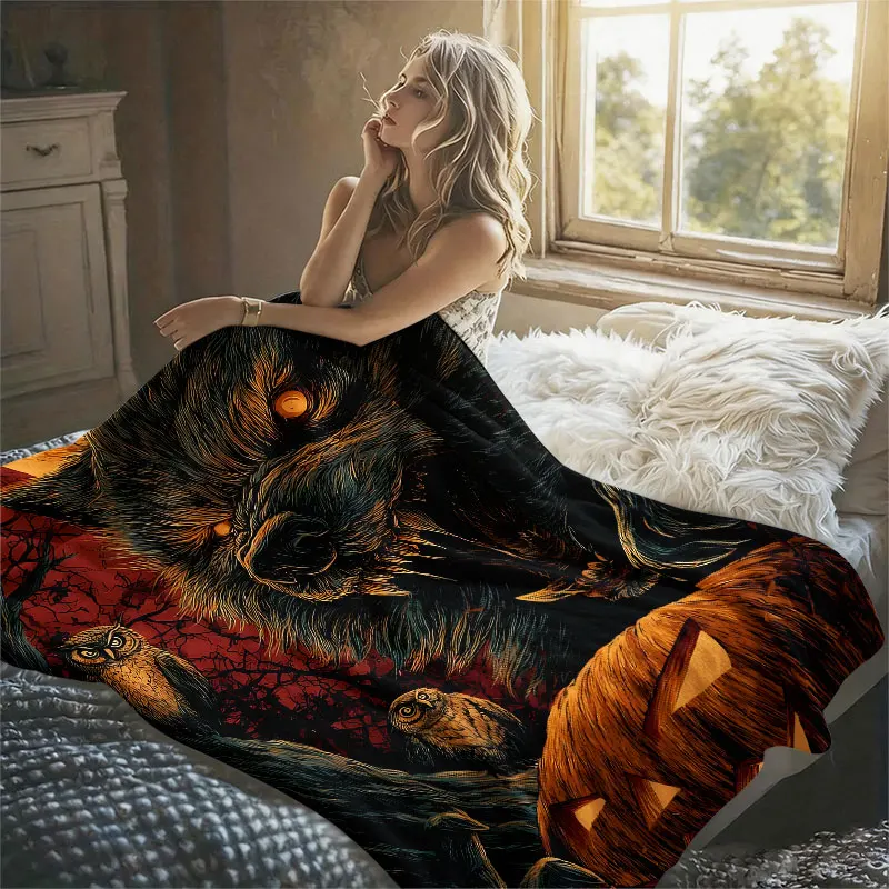 Halloween Wolf Pumpkin Flannel Blanket Warm Soft Halloween Christmas Decorative Couch Warm Cozy All-Season Gift