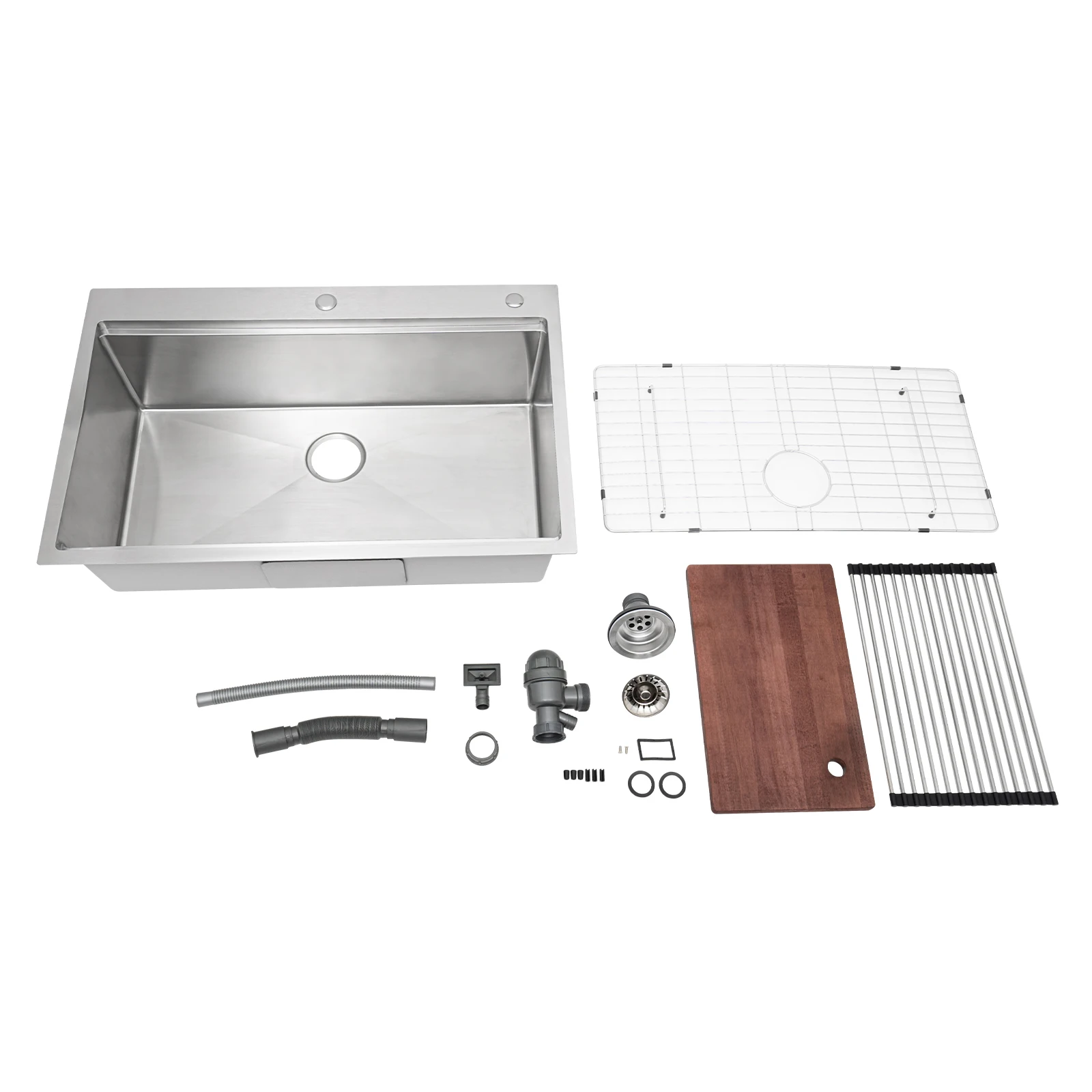 33 Inch Kitchen Sink w/ Cutting Board Colander & Rack  9" Deep Anti-Splash Noise Reduction Drop-In Sink EU/US Fit