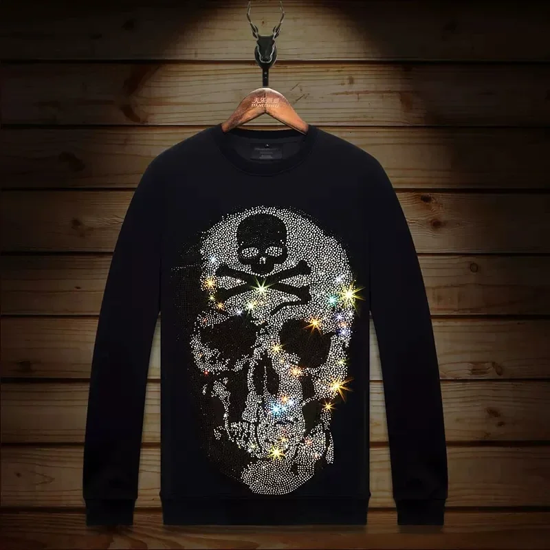 

2023 Men Hoodie Skulls Rhinestones Fashion Streetwear Full Pullover Hoodie Slim O Neck Cotton Mens Autumn Clothes Ropa De Hombre