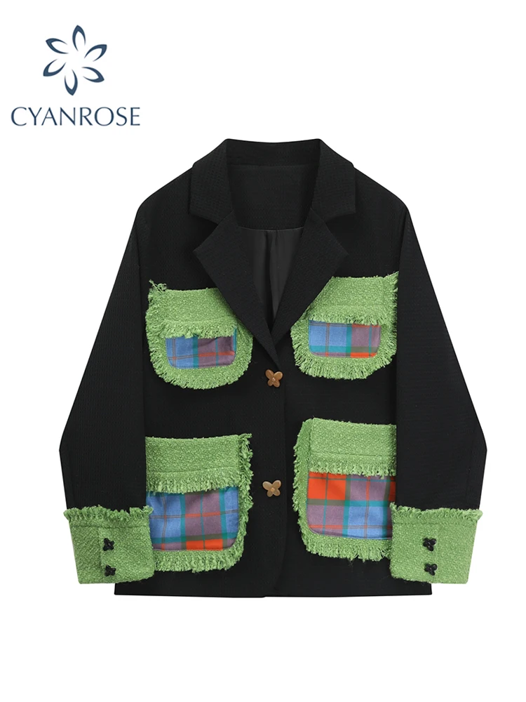 

Women Clothes Oversize Jacket Korean Style Gothic Black Blazer Coat Long Sleeve Single Breasted Outwear Vintage Elegant Fashion