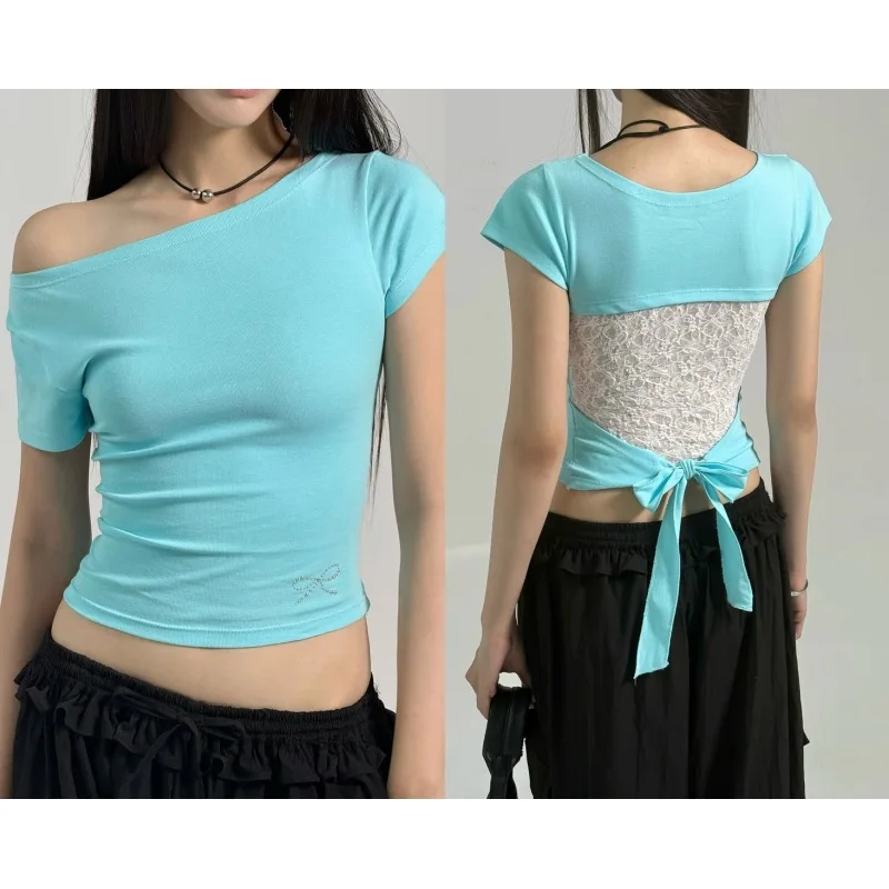 Korean style y2k slim fit T-shirt with bow tie on the back and lace hollow out exposed navel short sleeved bottom top for women