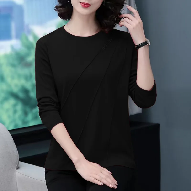 Spring and Autumn Women's Long Sleeve Pullover Solid Loose Casual Button Fold Fashion Elegant Commuter Round Neck T-shirts Tops