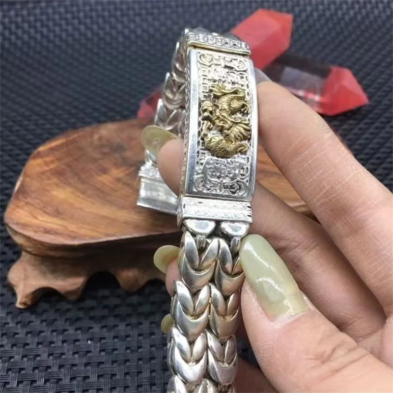 Old Tibetan Silver Inlaid Chinese Zodiac Yellow Dragon Bracelet Fashion Personality Men and Women Couples Gift 2