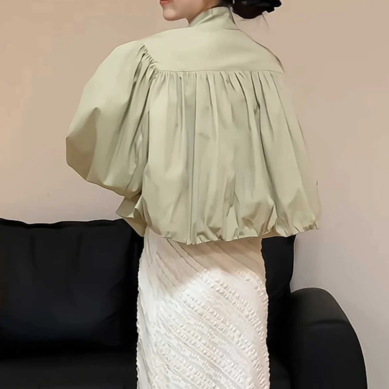 Women's Fashion Stand Collar Jacket Shoulder Padded Full Sleeve Solid Single-Breasted Spring 2026 Chic Goddess Fan Coat