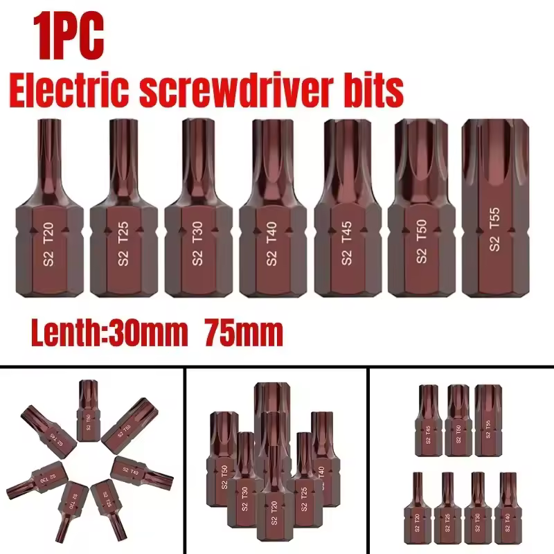 Embouts de tournevis électriques à tige hexagonale, outils à tête de lot, Torx, T20, 25, 30, 40, 45, 50/55, 30mm, 75mm, 1 pièce