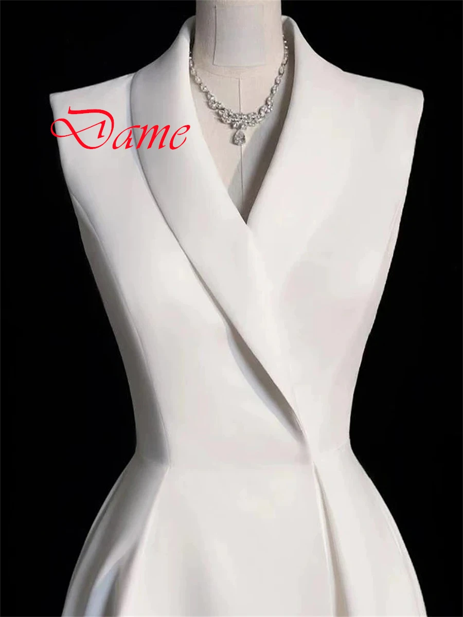Customized Temperament White Satin Evening Dress High Quality V-Neck Sleeveless Sweep Train Ruched Special Occasion Gowns