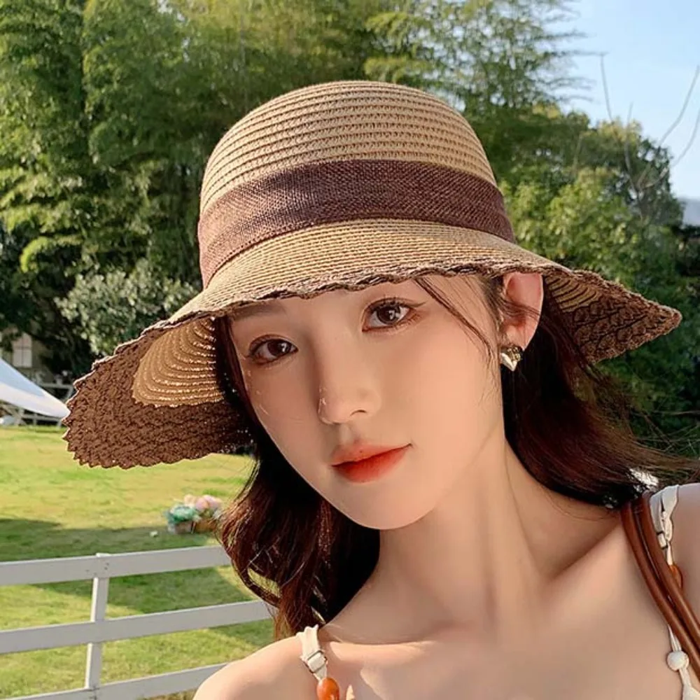 

Portable Straw Weaving Beach Hat Hollow Out Breathable Big Brimmed Woven Cap Lightweight Soft Bow Fisherman Cap Camping