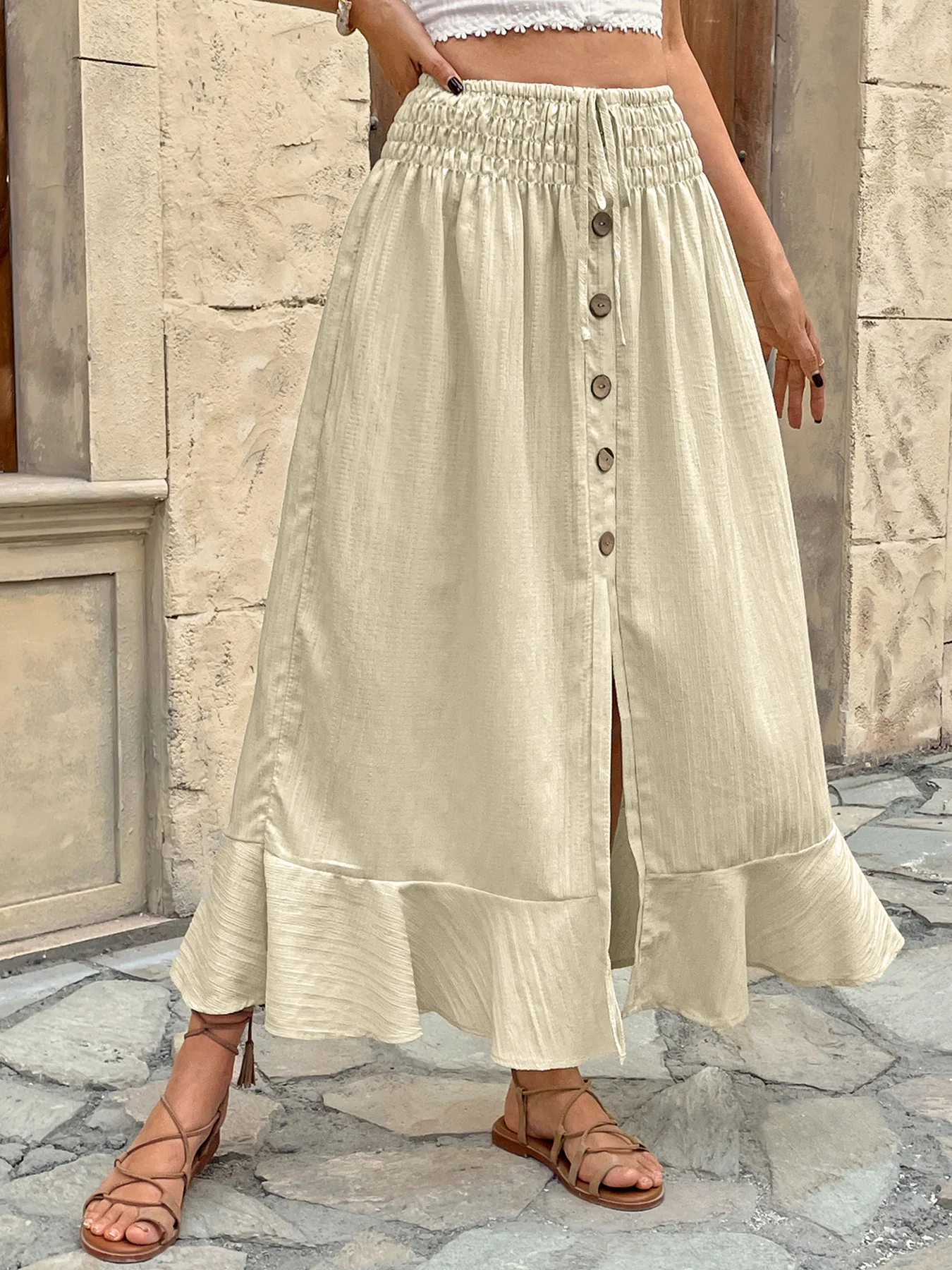 

Women's Skirt Summer 2025 Bohemian Style New Retro Elastic Waistband Button Style Versatile Split Skirt for Daily Wear