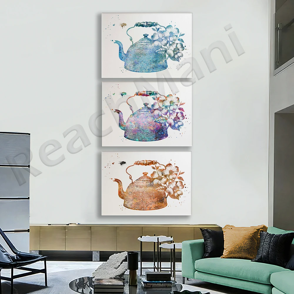 Vintage Kettle with Flower Branches and Bees Kitchen Art Print Watercolor Tea Lover Poster Cottagecore Decor