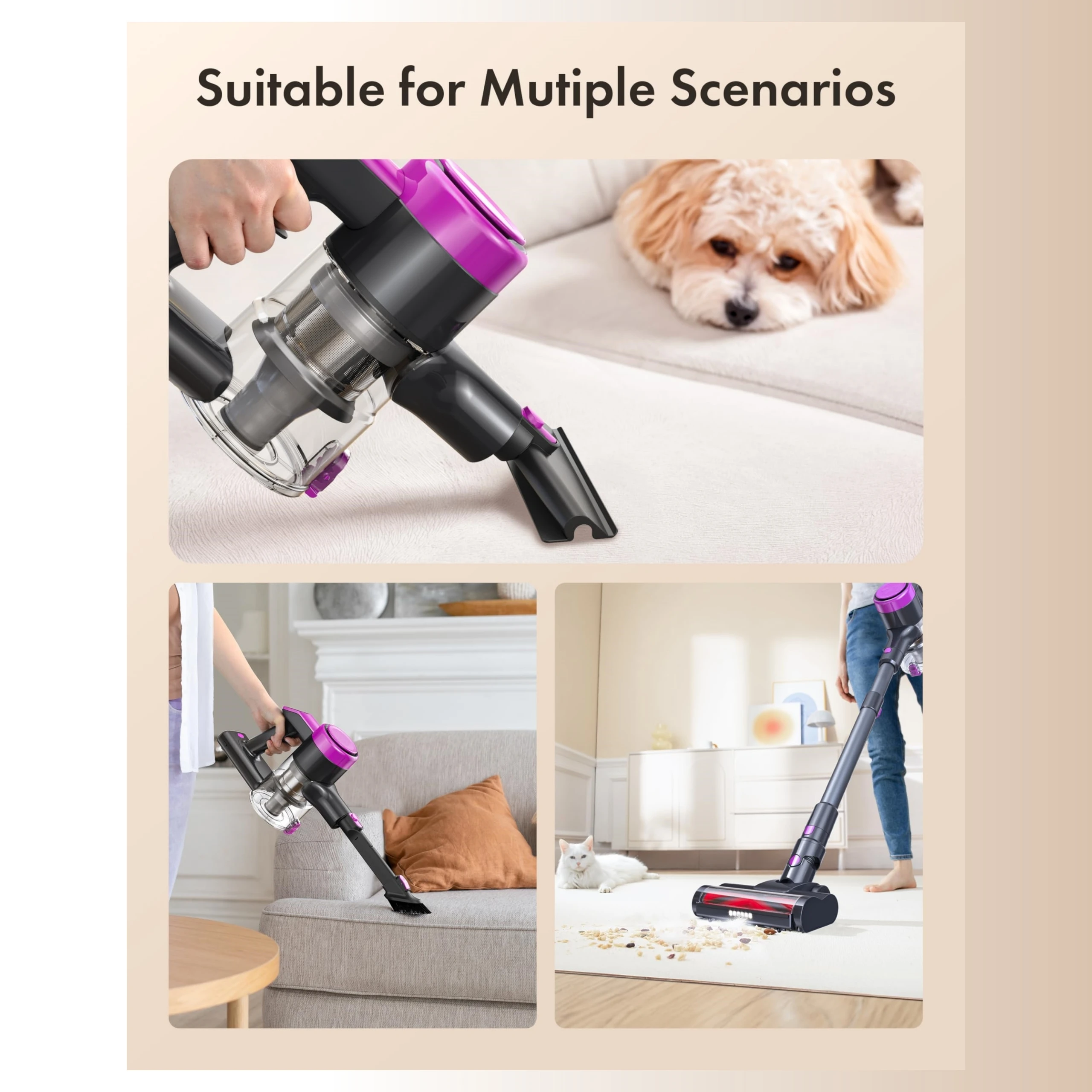 Vacuum Cleaner Cordless  Motor up to 45 Mins Detachable Battery Stick Vacuum With 0.6L Dust Cup Touch Display for Carpet Hardwoo
