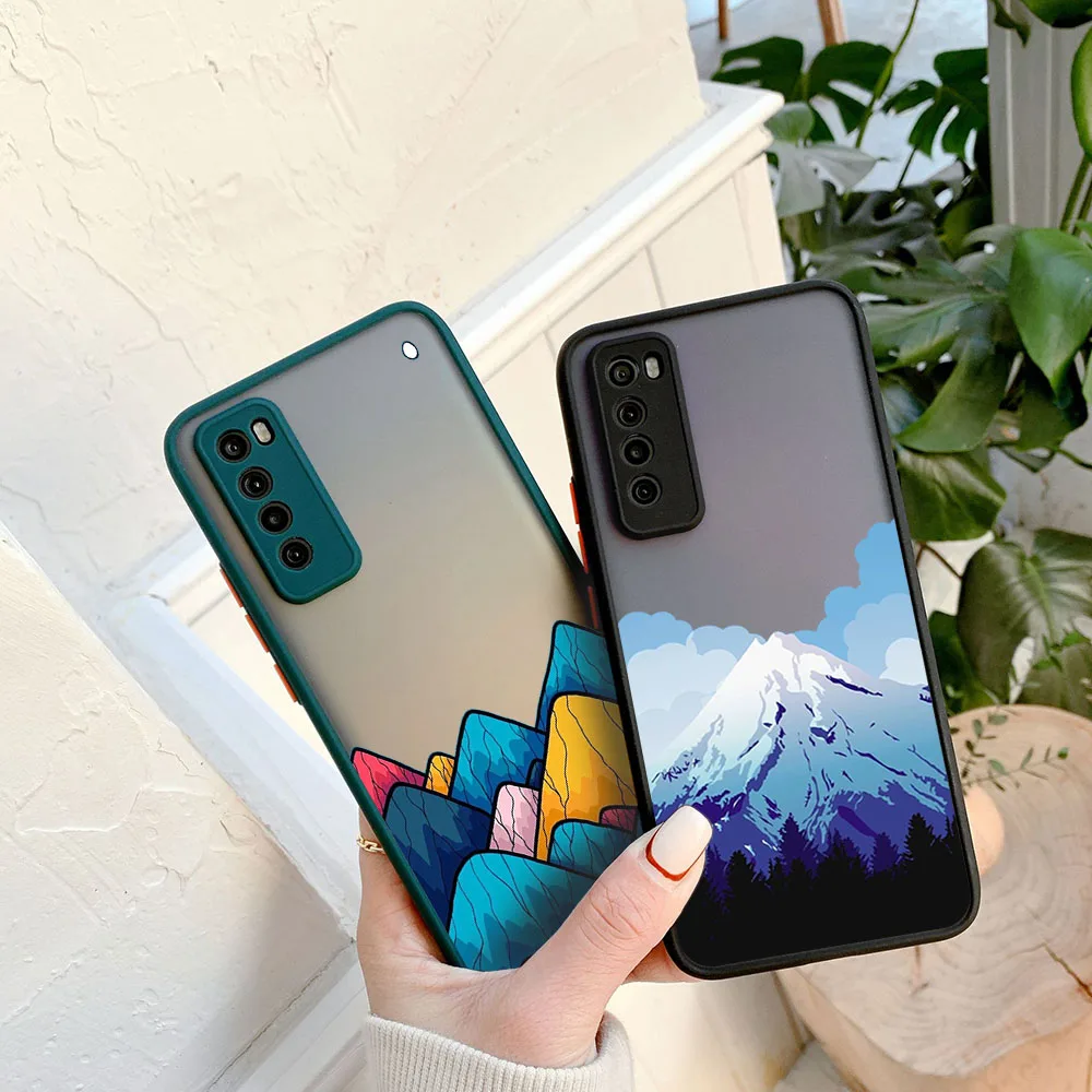 For Samsung S24 S23 S22 S21 S20 FE Ultra S10 A73 A72 A71 A54 Note20 Snow Mountain Volcano Frosted Translucent Black Phone Case