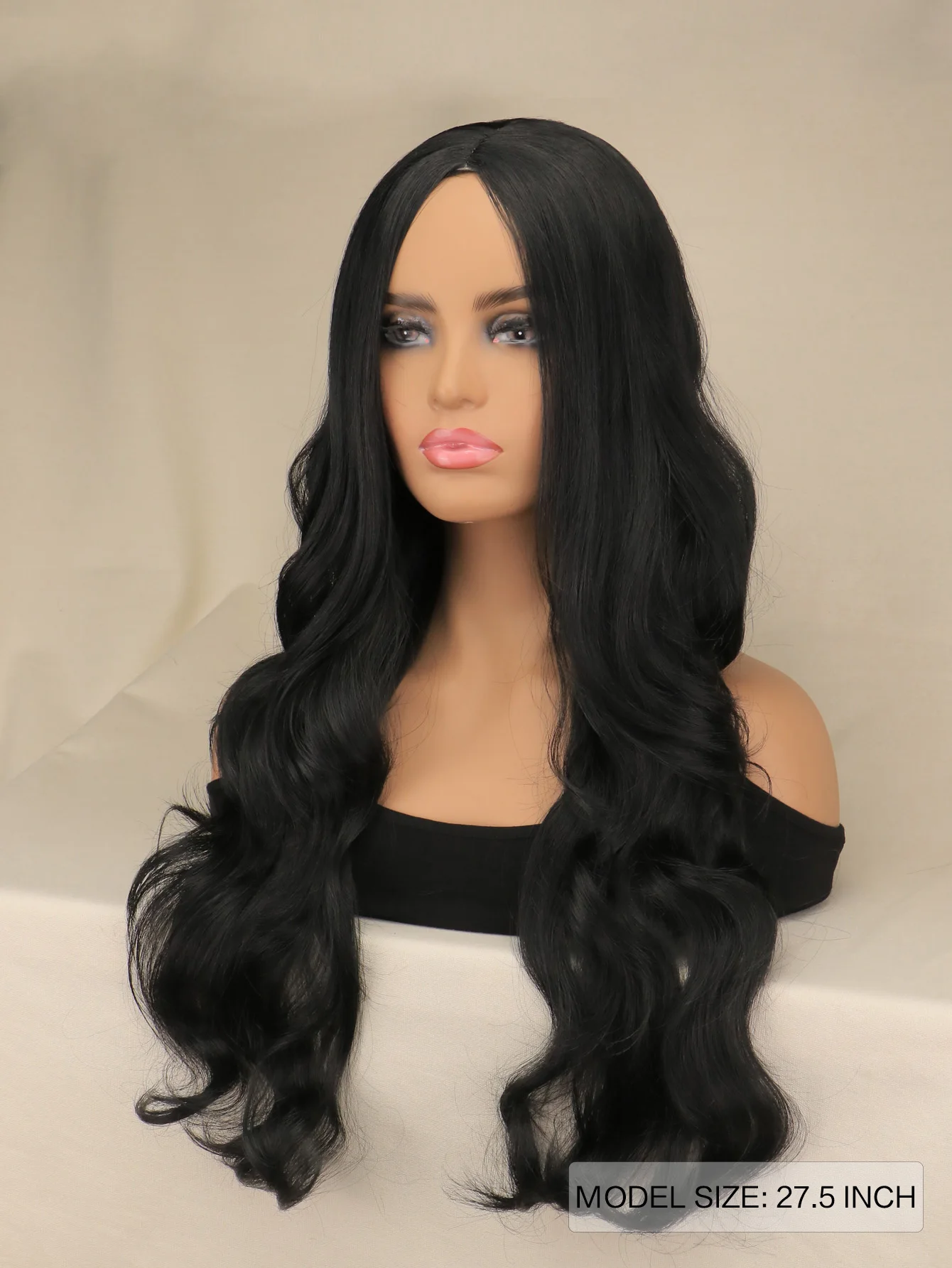 Длинные черные волнистые парики для женщин Черный вьющийся парик Средняя часть Синтетический 26-дюймовый естественный вид Черный парик для ежедневного использования на вечеринке