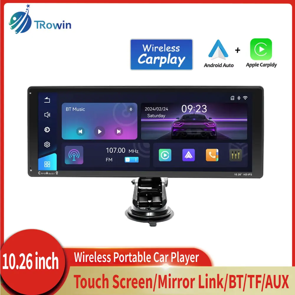 Portable 10.26''IPS Car Radio Carplay&Android Auto Wireless Display Multimedia Player Touch Screen Mirror Link FM Transmit