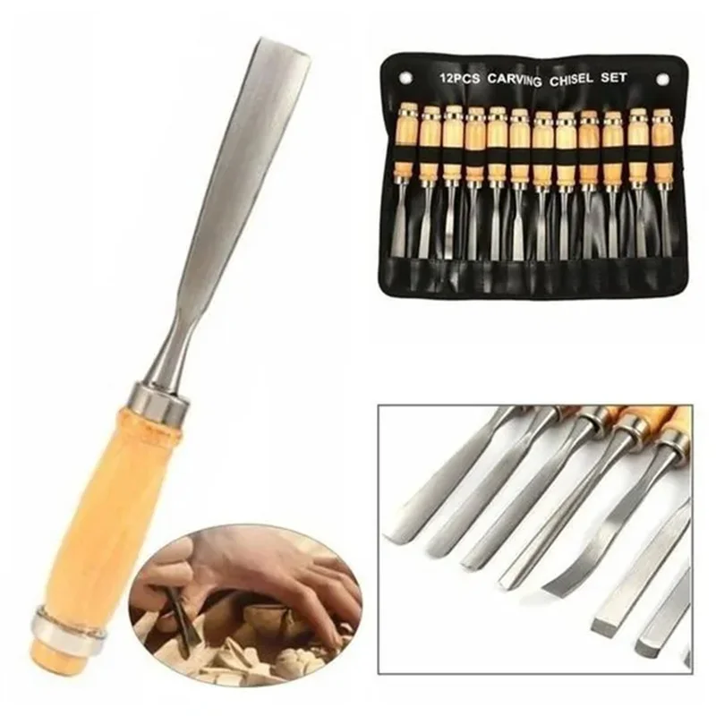 Imagem -04 - Professional Wood Carving Hand Cinzel Conjunto Torno Gouges Ferramentas Faca de Escultura Ferramenta para Trabalhar Madeira 12 Pcs Set