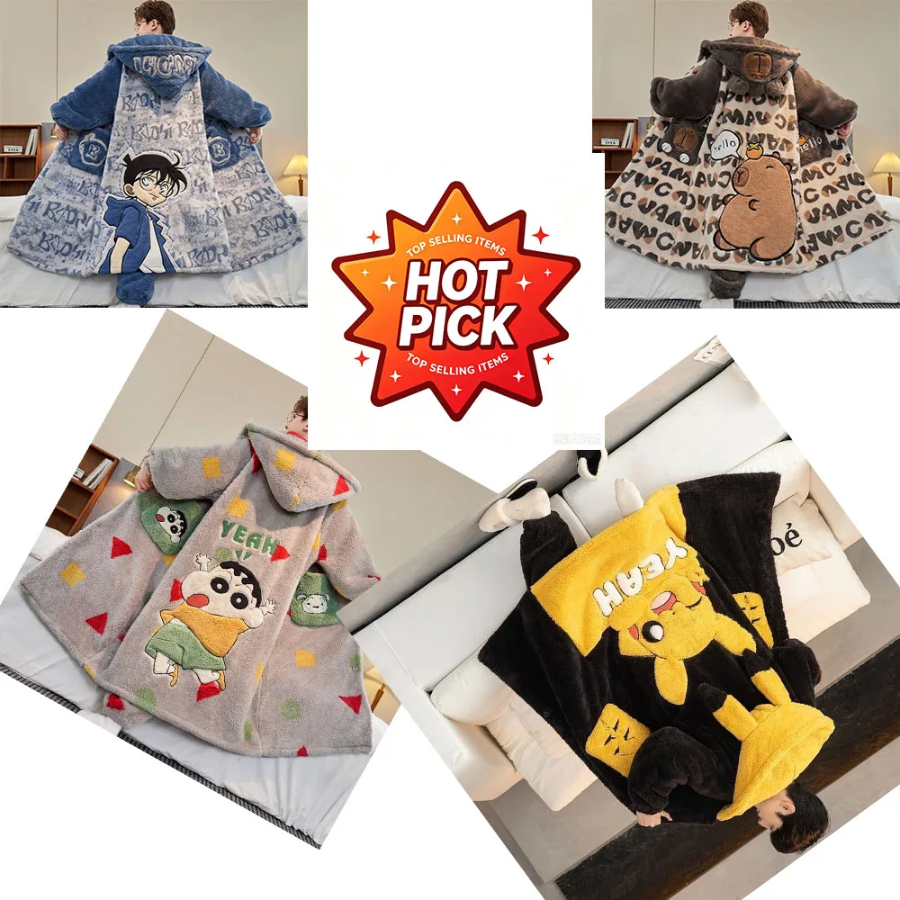 Crayon Shinchan Pikachu Hooded Robe Pajama Set Soft Fluffy Coral Fleece Sleep Outfit Cute Long Robe with Pants Indoor Home Wear