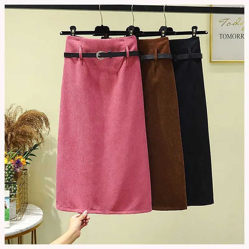 

2024 Fashion Women's Autumn Winter Solid Color Corduroy Skirt Female High Waist Belted Skirts Ladies Slim Package Hip Skirt B475