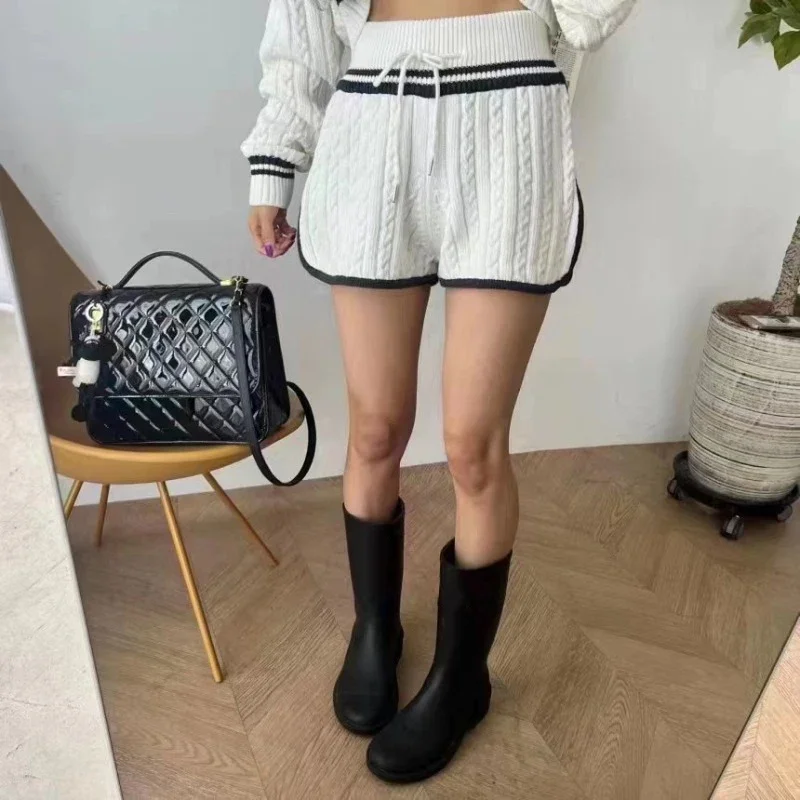 Women Ribbed Polo Neck Pullovers And High Waist Drawstring Shorts Set Two Pieces Casual Office Suit For Women Autumn Winter