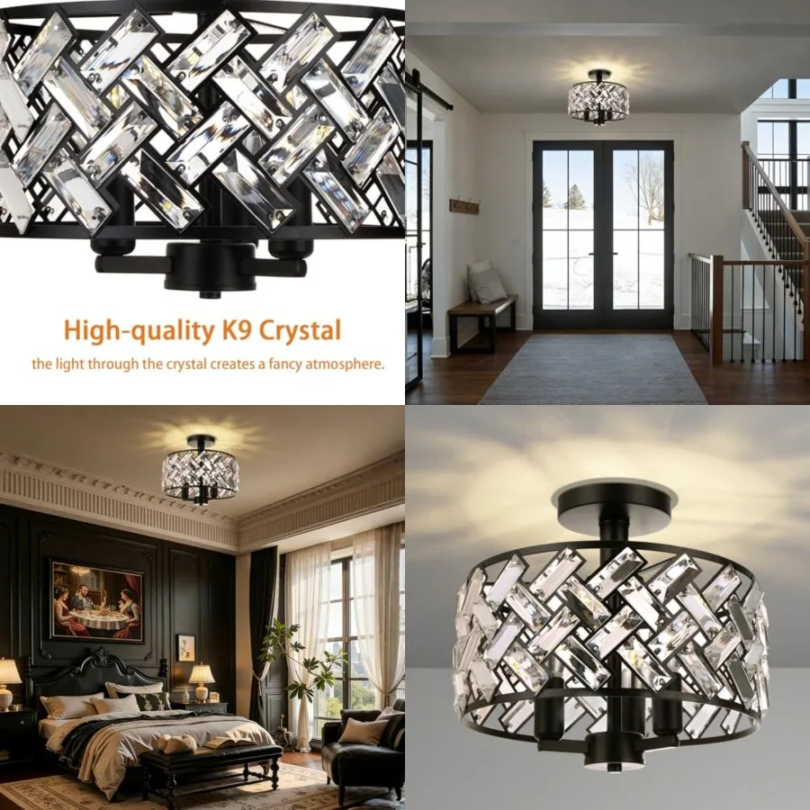 

Black Crystal Ceiling Light - 3-Light Light Fixture Ceiling Mount Semi Flush Mount Ceiling Lights for Kitchen Bedroom Hallway L