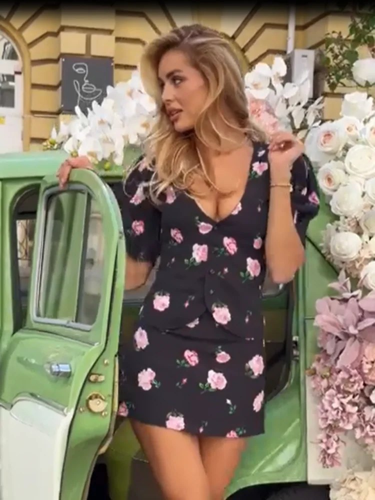 

Black Floral 2 Piece Set Fashion V Neck Puff Sleeve Button Up Blouse Mini Skirt Women 2026 Summer Lady Chic Casual Party Outfits