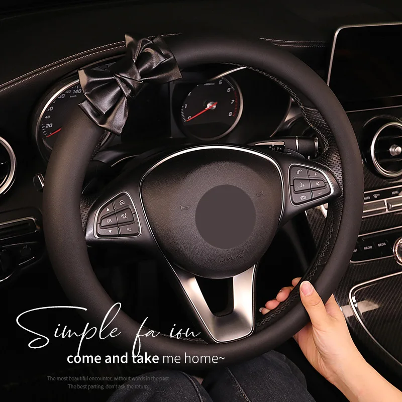 O Shape Car Steering Wheel Cover Bow Nappa leather Car Handle Cover Four Seasons Universal Non-slip Wear-resistant