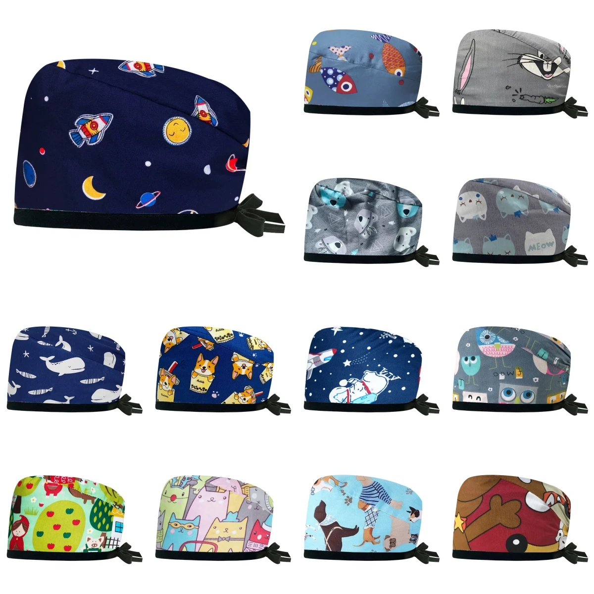 Women Surgical Hats Hospital Work Hat for Female Male 100% Cotton Cap Cute Cartoon Print Beauty Salon Staff Nursing Scrubs Caps