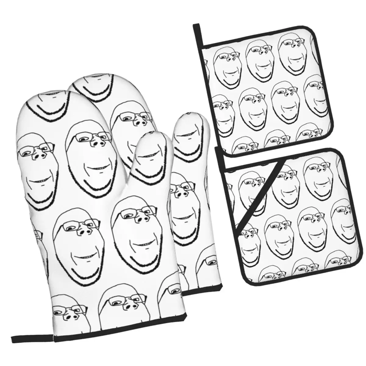 Smiling Wholesome Wojak Soyjak Oven Mitts and Pot Holder Sets of 4 for Baking Kitchen Cooking Grilling Resistant Non-Slip Gloves
