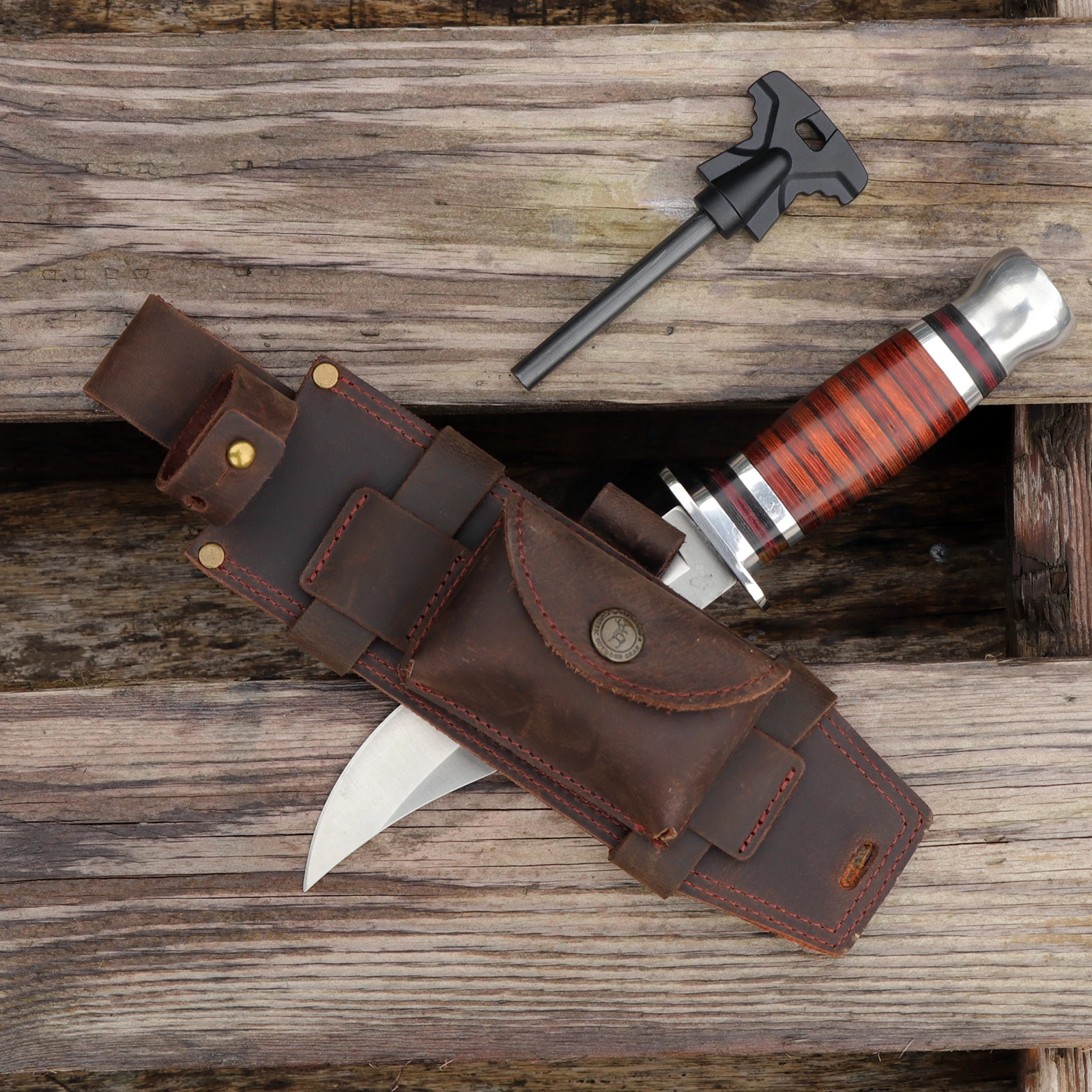 Tourbon Camping-Ledermesserhülle Jagd-Mehrzweck-Festklingentasche mit Feuerstarter-Schlitz für Gürtel (ohne Messer) – Detail 12